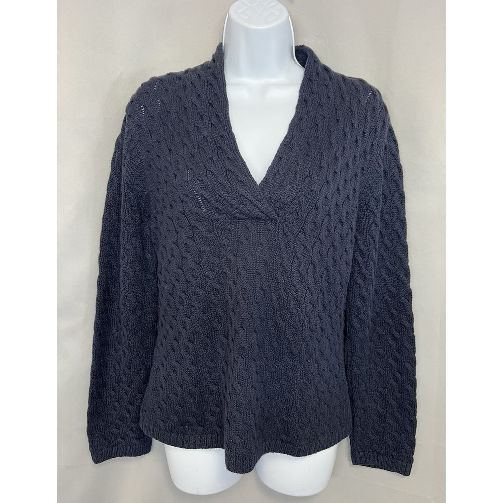 VTG Talbots Teal Navy Blue Cotton Cable Knit Sweater Women Size Medium Petites